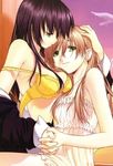  bare_shoulders bird bra breasts chemise cleavage enjouji_maya green_eyes hand_on_another's_head handa_shinobu holding_hands hug kurogane_ken lingerie long_hair medium_breasts multiple_girls off_shoulder official_art orange_hair purple_hair shoujo_sect sitting smile strap_slip underwear yellow_eyes yuri 