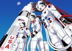  astronaut bodysuit cameltoe helmet multiple_girls original pilot_suit rocket saturn_v smile space spacesuit 