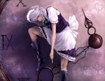  boots bow braid clock hair_bow high_heels izayoi_sakuya kouzilow maid realistic red_eyes shoes silver_hair solo touhou twin_braids 