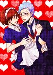  1girl bandages brown_hair couple female_protagonist_(persona_3) formal glasses hetero maid open_mouth persona persona_3 persona_3_portable sanada_akihiko suit to_(pixiv1355028) 