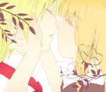  alice_margatroid bad_id bad_pixiv_id blonde_hair braid closed_eyes couple flower hands imminent_kiss jingo_kajiki kirisame_marisa kiss leaf multiple_girls necktie open_mouth profile ribbon touching touhou yuri 