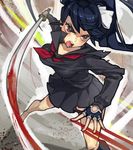  angry blood blue_hair breasts copyright_request fingerless_gloves gloves hitowa katana large_breasts long_hair red_eyes skirt solo sword weapon 