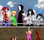  5girls balcony black_hair blonde_hair blue_eyes crazy_eyes day falling madotsuki monoe monoko multiple_girls pale_skin pants pleated_skirt poniko ponytail reaching sekomumasada_sensei shirt skin_tight skirt sky striped striped_shirt suicide toriningen turtleneck twintails yellow_eyes yume_nikki 