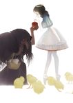  absurdres apple bird chick fingernails food fruit gothic_lolita grimm's_fairy_tales highres holding holding_food holding_fruit lolita_fashion long_fingernails matayoshi multiple_girls old_woman original pantyhose snow_white snow_white_(grimm) white_legwear witch worms 