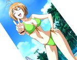  amusement_park antenna_hair bikini closed_eyes cloud day front-tie_top hand_on_hip highres kampfer kondou_mikoto open_mouth screencap short_hair side-tie_bikini sky smile solo stitched swimsuit third-party_edit tree v 