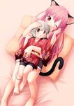  age_difference animal_ears barefoot bike_shorts blush brown_eyes cat_ears cat_tail child copyright_request denim denim_shorts feet height_difference hug inuarashi japanese_clothes kimono long_hair lying lying_on_person mouse_ears mouse_tail multiple_girls one_eye_closed petite pillow pink_eyes pink_hair short_hair shorts silver_hair spandex tail yukata 