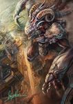  bad_pixiv_id city hayaken highres horns monster no_humans original 