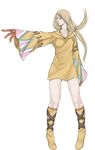  blonde_hair boots brown_gloves final_fantasy final_fantasy_tactics full_body geomancer_(fft) gloves haniwa_(straysheep1119) knee_boots long_hair long_sleeves low-tied_long_hair low_ponytail outstretched_arm simple_background solo white_background 