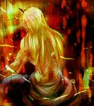  back blonde_hair horn hoshiguma_yuugi jingo_kajiki long_hair muscle pointy_ears scar sitting solo topless touhou 