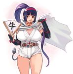  :3 blue_hair breasts brown_eyes cape cow_girl cow_horns cow_tail fan highres horns huge_breasts mugen_no_fantasia ryoji_(nomura_ryouji) solo tail 