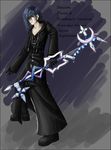  black_coat_(kingdom_hearts) blue_hair cloak keyblade kingdom_hearts male_focus organization_xiii solo weapon zexion 