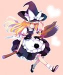  apple apron blonde_hair bobby_socks braid broom food fruit full_body halftone halftone_background hara_yui hat hat_tip heart kirisame_marisa light_smile long_hair looking_at_viewer mary_janes shoes simple_background socks solo touhou waist_apron witch_hat yellow_eyes 