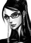  bayonetta bayonetta_(character) earrings glasses greyscale jewelry lips lipstick makeup md5_mismatch mole mole_under_mouth monochrome reza_kabir solo 