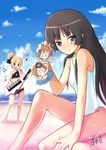  akiyama_mio beach bikini black_hair blonde_hair blue_eyes brown_hair chibi day don't_say_&quot;lazy&quot; facepaint highres hirasawa_yui instrument k-on! kendo_(artist) kotobuki_tsumugi multiple_girls musical_note one-piece_swimsuit outdoors swimsuit tainaka_ritsu tankini 