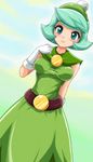  aqua_eyes aqua_hair belt blush dress elbow_gloves gloves green_dress hat queen_merelda short_hair sigurd_hosenfeld smile solo wario_land white_gloves 