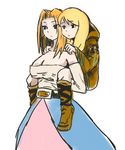  2girls bare_shoulders belt big_breasts blonde_hair boots breasts cleavage dress elbow_gloves female final_fantasy final_fantasy_tactics geomancer_(fft) gloves ikkomadestroyer large_breasts long_hair multiple_girls piggyback reis_duelar squire_(fft) 