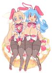  animal_ears blonde_hair blue_eyes blue_hair blush blush_stickers breasts bunny_ears bunny_girl bunnysuit cake cleavage food huge_breasts long_hair mel/a melfina_bluesky melmaid multiple_girls oekaki original pantyhose pastry ponytail red_eyes ribbon side_ponytail small_breasts thick_thighs thighband_pantyhose thighs wrist_cuffs 