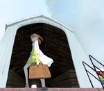  bag barn blue_eyes bridge brown_hair cloud copyright_request day keisan scenery sky smile solo 