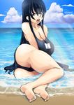 ass barefoot beach black_hair blue_eyes breasts day feet highres huge_breasts long_hair open_mouth original solo swimsuit 