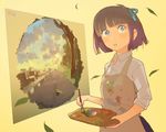  apron art_brush artist_painter bad_id bad_pixiv_id blue_eyes brown_hair canvas_(object) cloud paintbrush painting palette pixiv pixiv-tan sky sun uichi yellow_background 