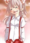  bad_id bad_pixiv_id bow closed_eyes crying fujiwara_no_mokou hair_bow hair_ribbon long_hair pun2 ribbon silver_hair solo suspenders tears touhou 