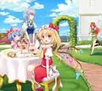 apron arch ascot bad_id bad_twitter_id bare_legs bat_wings beret blonde_hair blouse blue_eyes blue_hair blush bow braid chair china_dress chinese_clothes cloud cloudy_sky cup day dress elbow_rest fence flandre_scarlet floral_arch flower food garden grass hat hat_bow hong_meiling house izayoi_sakuya jpeg_artifacts lamppost legs long_hair looking_at_another looking_at_viewer maid_apron maid_headdress mob_cap mountain multiple_girls neck_ribbon open_mouth orange_hair outdoors path profile puffy_short_sleeves puffy_sleeves railing red_eyes remilia_scarlet ribbon road running saucer shoes short_hair short_sleeves side_ponytail side_slit silver_hair sitting skirt skirt_set sky smile socks standing star sweets table tablecloth tea tea_party teacup teapot tiered_tray touhou tray twin_braids waving window wings wrist_cuffs yada_(xxxadaman) 