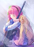  angel_beats! bolt_action cheytac_m200 closed_eyes gun highres purple_hair rifle school_uniform scope serafuku shinda_sekai_sensen_uniform short_hair sleeping sniper_rifle snow solo tazu thighhighs weapon yuri_(angel_beats!) 