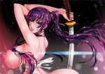  arms_up blue_eyes blush breasts busujima_saeko choker english fei_(maidoll) highres highschool_of_the_dead huge_breasts katana nipples no_bra ponytail puffy_nipples purple_hair rain ribbon scan solo sword textless torn_clothes weapon wet 