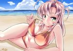 antenna_hair armpits beach bikini blue_sky breasts cleavage cloud collarbone commentary_request day green_eyes highres horizon kantai_collection kinugasa_(kantai_collection) large_breasts lying navel ocean on_side outdoors pink_hair remodel_(kantai_collection) sand signature sky smile soba_chatarou_(tita) solo strap_pull swimsuit water 