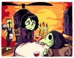  2boys alcohol black_hair candelabra candle cape chin_rest couple cup dating dinner drinking_glass eyeshadow gloves green_skin grey_eyes helmet hood makeup mask mona_(shovel_knight) multiple_boys nervous plague_doctor plague_doctor_mask plague_knight propeller_knight setz short_hair shovel_knight smile sunset table towel tray twiddling_fingers vest waiter wine wine_glass 