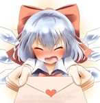  absurdres blue_hair blush bow cirno closed_eyes confession facing_viewer giving hair_bow highres holding ice ice_wings incoming_gift indo_(mdtanaka2007) letter love_letter open_mouth outstretched_arms silver_hair solo touhou upper_body wings 