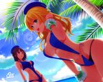  adjusting_hair atago_(kantai_collection) backlighting beret bikini black_hair blonde_hair bracelet breasts casual_one-piece_swimsuit day dutch_angle hat jewelry kantai_collection large_breasts layered_bikini lens_flare long_hair multiple_girls o-ring o-ring_bikini one-piece_swimsuit open_mouth outdoors palm_tree red_eyes short_hair shuffle115 side-tie_bikini slingshot_swimsuit swimsuit takao_(kantai_collection) tree 