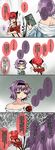  2girls 4koma animal_ears aoshima back bare_shoulders blush book braid breasts cat_ears cat_tail cleavage collarbone comic commentary crop_top extra_ears highres jitome kaenbyou_rin komeiji_satori large_breasts lips midriff mind_reading multiple_girls multiple_tails navel off_shoulder purple_eyes purple_hair red_hair shaded_face surprised suspenders sweat tail third_eye touhou translated twin_braids 