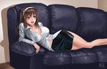  absurdres ashigara_(kantai_collection) breasts brown_hair cleavage couch highres kantai_collection large_breasts long_hair murasaki-sin navel no_legwear skirt solo unbuttoned 