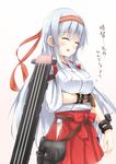  blush breasts flight_deck hairband hakama_skirt headband hino_(2nd_life) japanese_clothes kantai_collection large_breasts long_hair panties remodel_(kantai_collection) shoukaku_(kantai_collection) side-tie_panties silver_hair simple_background skirt solo translated underwear white_background 