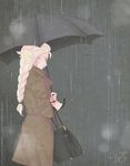  blonde_hair braid coat elsa_(frozen) frozen_(disney) laikaken long_hair rain single_braid solo standing umbrella 