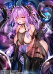  1girl bangs black_gloves black_legwear blush breasts choker cleavage demon_girl demon_horns elbow_gloves eyebrows_visible_through_hair gloves groin hair_between_eyes hair_intakes hair_ribbon hand_up headdress highres horns ku_rito_(z/x) large_breasts long_hair looking_at_viewer navel obiwan off_shoulder official_art open_mouth pointy_ears purple_hair revealing_clothes ribbon ripples ruby_(gemstone) see-through sidelocks skindentation solo stomach tail thigh_strap thighhighs tress_ribbon very_long_hair watermark wings yellow_eyes z/x 