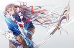  bird bow_(weapon) brown_eyes falcon fire_emblem fire_emblem_if fuujin_yumi gloves grey_background grey_hair highres kariya_(mizore) long_hair male_focus solo takumi_(fire_emblem_if) very_long_hair weapon yumi_(bow) 