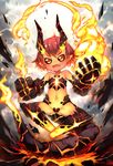  :d black_sclera fang fire flat_chest horns kito_(sorahate) looking_at_viewer navel open_mouth original pointy_ears red_eyes red_hair short_hair smile solo tail 