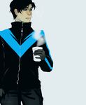  1boy adapted_costume aside_glance batman_(series) black_gloves black_hair blue_eyes cup dc_comics dick_grayson gloves jacket male_focus nightwing simple_background solo standing steam 