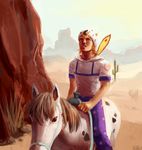  absurdres artist_name blonde_hair blue_eyes cactus feathers hat highres horse horseback_riding horseshoe johnny_joestar jojo_no_kimyou_na_bouken koffo-art male_focus riding saguaro signature solo steel_ball_run 