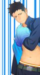 belt black_hair green_eyes highres itto_(mentaiko) looking_at_viewer male_focus navel original short_hair solo striped striped_background toned toned_male underwear very_short_hair 