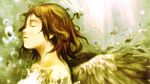  abe_yoshitoshi angel_wings brown_hair closed_eyes haibane_renmei halo highres messy_hair rakka solo wallpaper water wings 