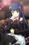  bangs black_legwear blue_hair blunt_bangs blush cat cat_pillow dress eighth_note hair_ribbon idolmaster idolmaster_cinderella_girls long_hair looking_at_viewer musical_note quarter_note red_eyes ribbon sajou_yukimi smile solo thighhighs tsujimori_nanaki 