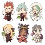  3girls blonde_hair blue_eyes cape carnet_(pokemon) chibi commentary crown dark_skin flower hair_ornament hair_over_one_eye iris_(pokemon) jewelry long_hair looking_at_viewer mikuri_(pokemon) multiple_boys multiple_girls necklace pokemon pokemon_(game) pokemon_bw2 pokemon_dppt pokemon_hgss pokemon_oras pokemon_rse pokemon_xy purple_hair red_hair shirona_(pokemon) short_hair signature silver_hair smile spoilers ssalbulre tsuwabuki_daigo two_side_up very_long_hair wataru_(pokemon) white_background 