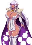  arcana_heart arcana_heart_3 breasts cape cleavage covered_nipples dark_skin highres huge_breasts long_hair looking_at_viewer parace_l'sia pink_eyes pointy_ears purple_hair shiny shiny_skin smile solo thighhighs thighs transparent_background very_long_hair wakamoto_ero_mondo_tadao white_legwear 
