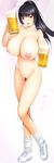  absurdres alcohol beer beer_mug black_hair breasts cup dragon@harry full_body highres holding holding_cup hooters huge_breasts long_hair looking_at_viewer nipples nude ponytail pubic_hair purple_eyes smile solo waitress 