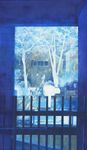  black_hair blue dress fence highres house long_hair muted_color original scenery solo traditional_media tree watercolor_(medium) wayukako 
