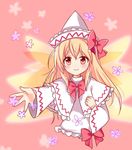  bad_id bad_twitter_id blonde_hair blush bow bowtie capelet dress fairy flower foreshortening hair_bow hat lily_white long_hair looking_at_viewer outstretched_hand pink_background red_eyes sketch smile solo touhou upper_body wide_sleeves yada_(xxxadaman) 