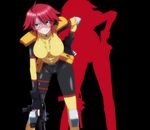  1girl breasts female gun heterochromia highres large_breasts monster_girl monster_musume_no_iru_nichijou red_hair short_hair simple_background smile solo standing stitched uniform weapon zombina 